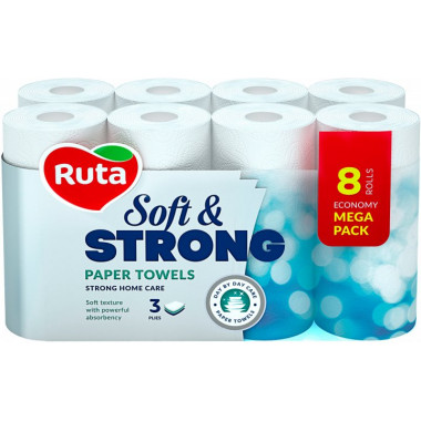 Рушники паперові целюлозні 3-шарові білі Рута Soft Strong 8 рулонів